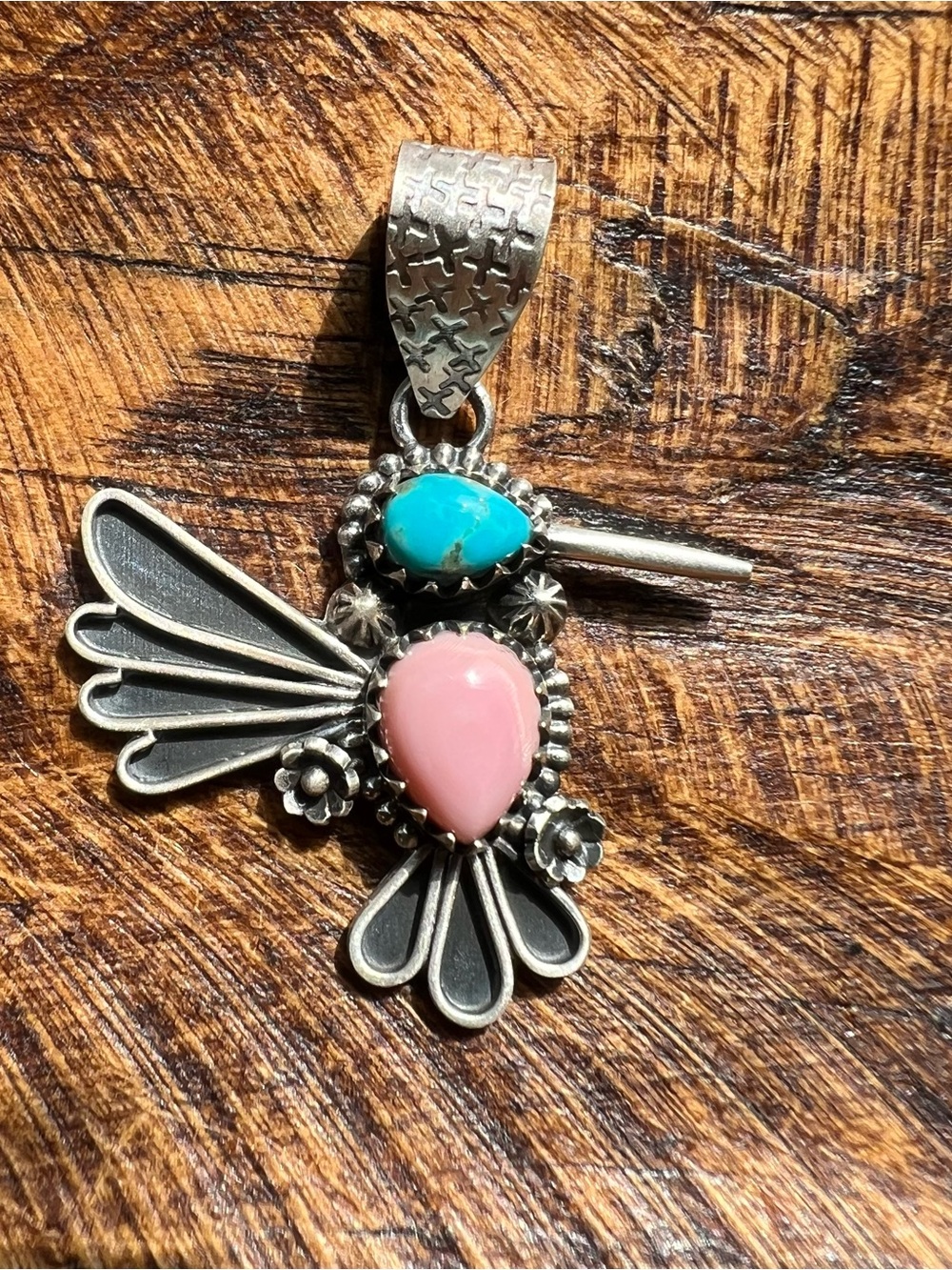 Sterling Silver Kingman Turquoise Queen Conch Hummingbird Pendant